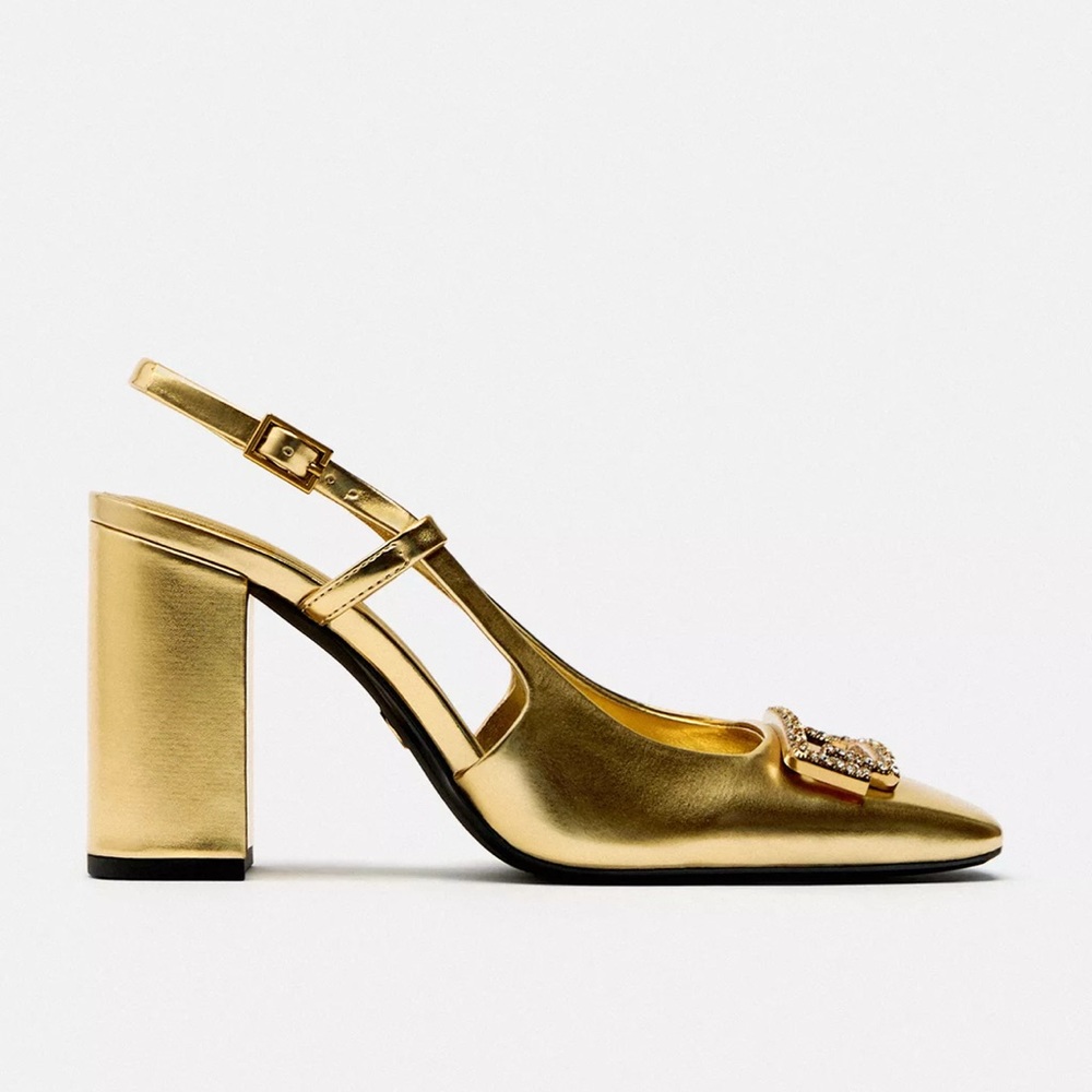 Zara Gold Metallic Slingback Block Heel Pumps with Embellished Buckle